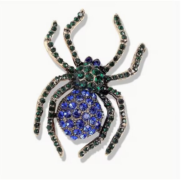 Jewelry - Blue & Green Crystal Spider Brooch Gold Tone